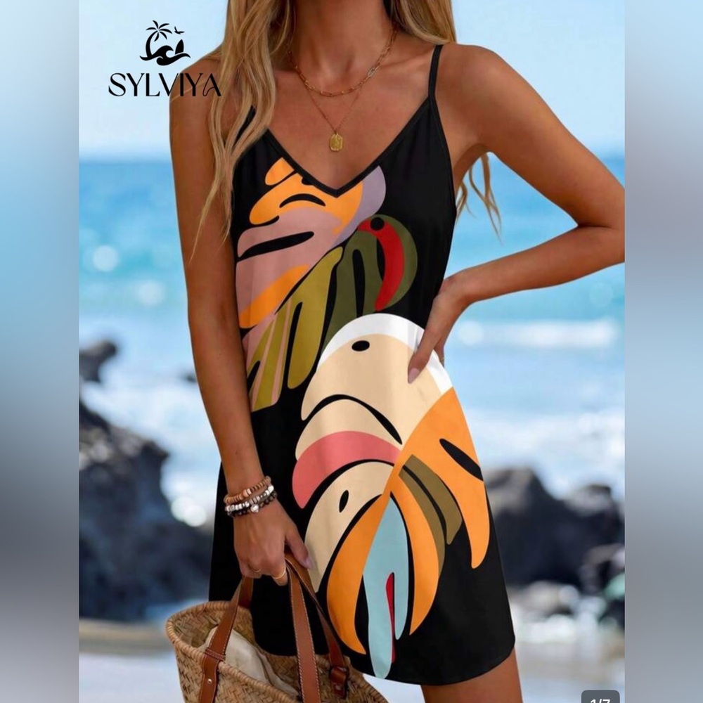 SHEIN Black Tropical Print V-Neck Women’s Dress